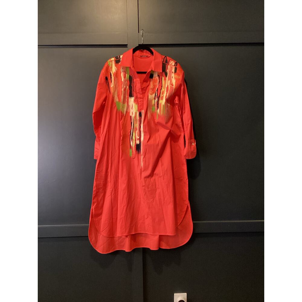 Natori embroidered Cotton Poplin knee length long sleeve Shirtdress orange M